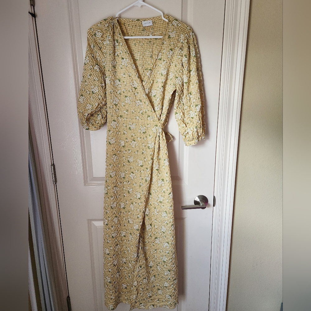 VILA Yellow Floral Long Sleeve Wrap Dress Cottagecore